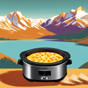 A crockpot filled with melted cheese and bread cubes dipped in, with a scenic mountain view in the background.