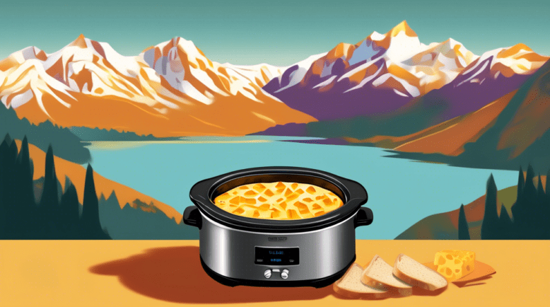 A crockpot filled with melted cheese and bread cubes dipped in, with a scenic mountain view in the background.