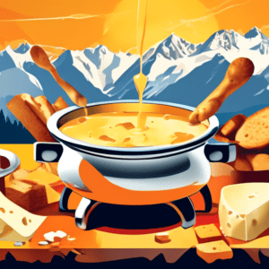 A pot of bubbling cheese fondue surrounded by friends dipping bread cubes with the Swiss Alps in the background.