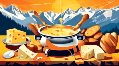 A pot of bubbling cheese fondue surrounded by friends dipping bread cubes with the Swiss Alps in the background.