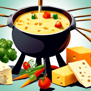 A pot of bubbling cheese fondue with bread cubes and vegetables on skewers around it.