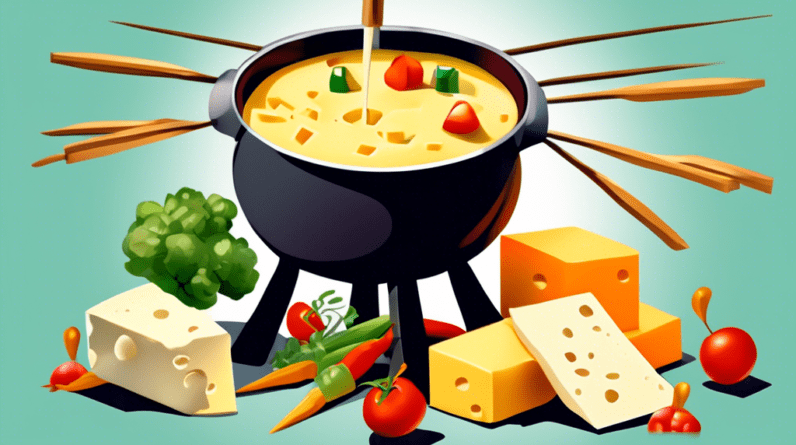 A pot of bubbling cheese fondue with bread cubes and vegetables on skewers around it.