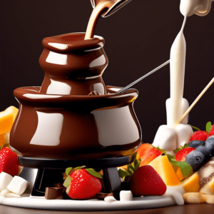 A chocolate fondue fountain cascading with melted milk, dark, and white chocolate, surrounded by skewers of fresh fruit and marshmallows.