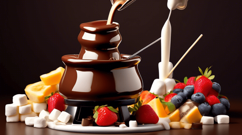 A chocolate fondue fountain cascading with melted milk, dark, and white chocolate, surrounded by skewers of fresh fruit and marshmallows.