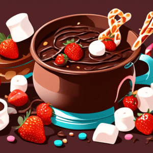 A pot of melting chocolate fondue surrounded by fresh strawberries, marshmallows, and pretzels.