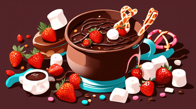 A pot of melting chocolate fondue surrounded by fresh strawberries, marshmallows, and pretzels.