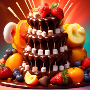 A cascading tower of molten chocolate surrounded by skewers of fruit and marshmallows with a glowing warm light.