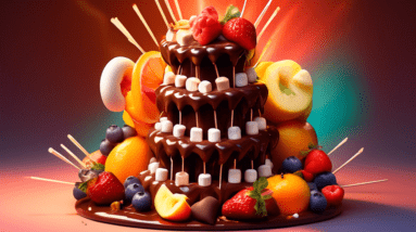 A cascading tower of molten chocolate surrounded by skewers of fruit and marshmallows with a glowing warm light.