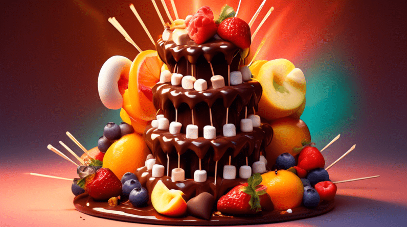 A cascading tower of molten chocolate surrounded by skewers of fruit and marshmallows with a glowing warm light.