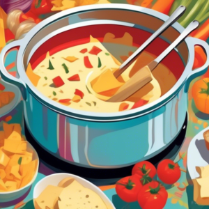 A Cuisinart fondue pot filled with melted cheese, surrounded by people dipping bread and vegetables.