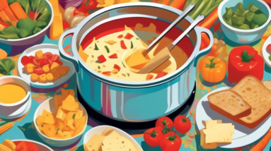 A Cuisinart fondue pot filled with melted cheese, surrounded by people dipping bread and vegetables.