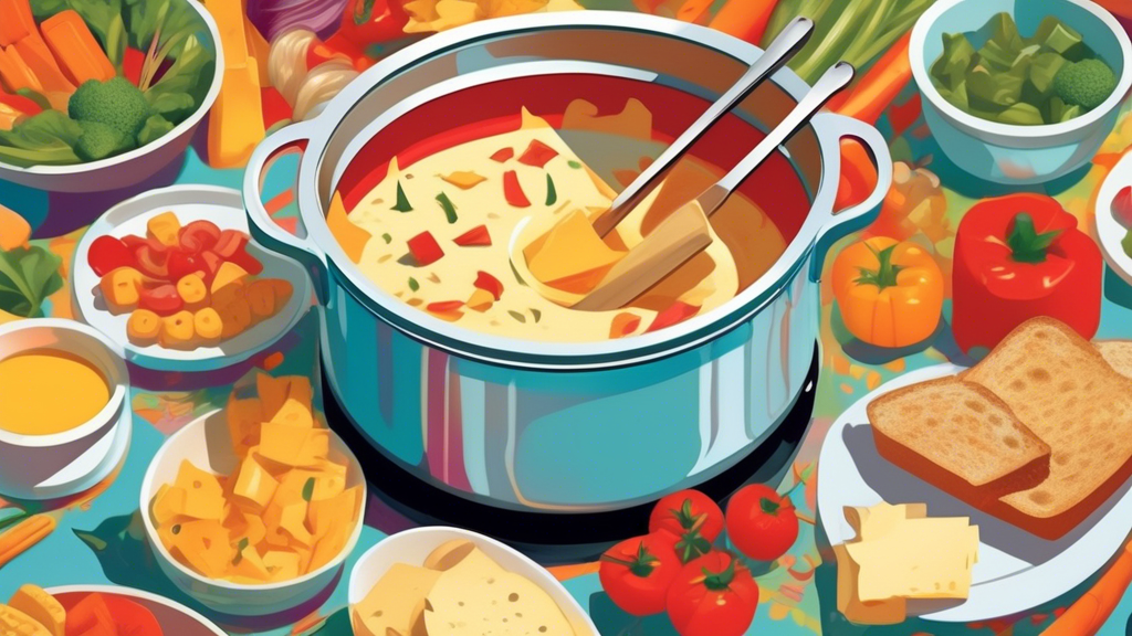 A Cuisinart fondue pot filled with melted cheese, surrounded by people dipping bread and vegetables.