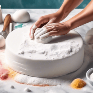 A pair of hands kneading white fondant on a marble countertop, surrounded by pastry tools, powdered sugar, and a rolling pin.