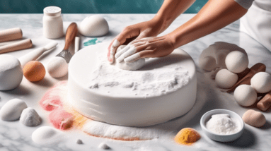 A pair of hands kneading white fondant on a marble countertop, surrounded by pastry tools, powdered sugar, and a rolling pin.