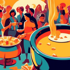 A fondue pot over a lit burner with cheese melting inside, surrounded by people dipping bread.