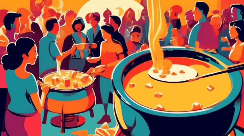 A fondue pot over a lit burner with cheese melting inside, surrounded by people dipping bread.