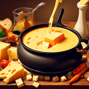 A pot of melted cheese fondue on a wooden table, surrounded by bread cubes, vegetables, and friends laughing.