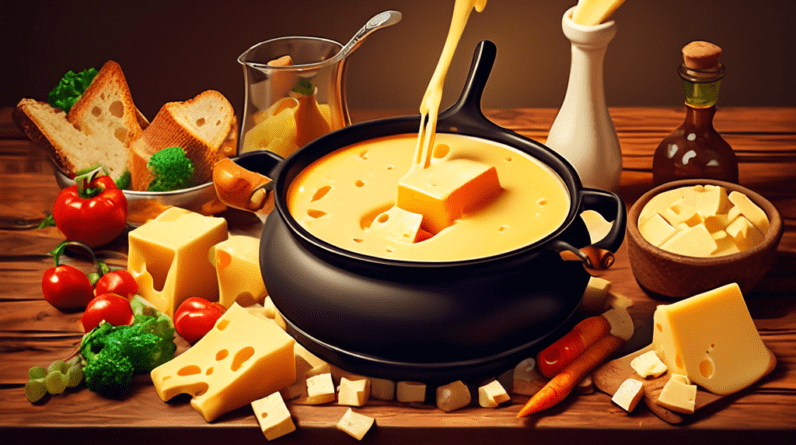 A pot of melted cheese fondue on a wooden table, surrounded by bread cubes, vegetables, and friends laughing.