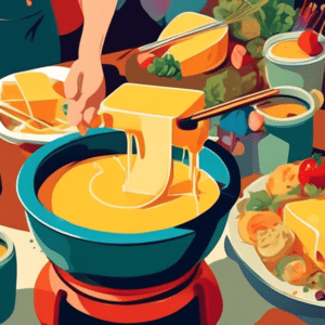 A pot of melted cheese fondue on a table surrounded by people dipping bread and vegetables.