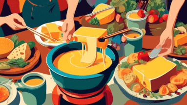 A pot of melted cheese fondue on a table surrounded by people dipping bread and vegetables.