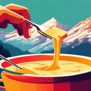 A fondue set with melted cheese being dipped into by a hand holding a long fork with a mountain backdrop in the background.