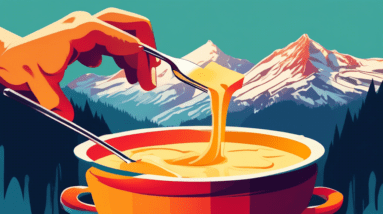 A fondue set with melted cheese being dipped into by a hand holding a long fork with a mountain backdrop in the background.