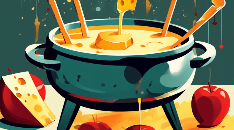 A pot of bubbling melted cheese fondue, with bread cubes and apple slices on skewers dipping into it.