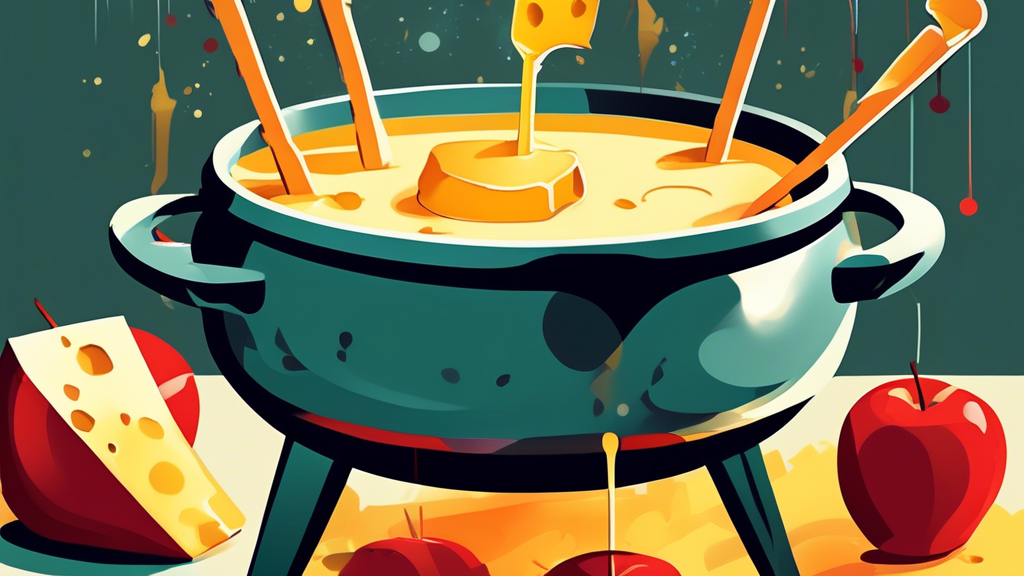 A pot of bubbling melted cheese fondue, with bread cubes and apple slices on skewers dipping into it.