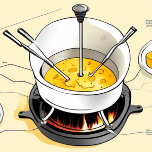 A fondue pot cross-section diagram, showing the heating element and melted cheese.