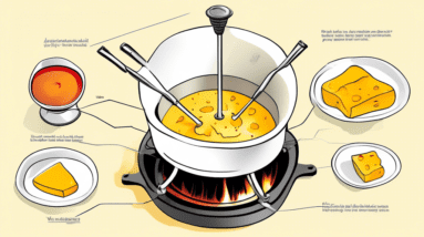 A fondue pot cross-section diagram, showing the heating element and melted cheese.