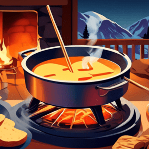 A fondue set with a pot of melted cheese on a lit burner, with skewers of bread dipping into it. Smoke rises from the burner, and the background is a cozy ski lodge.