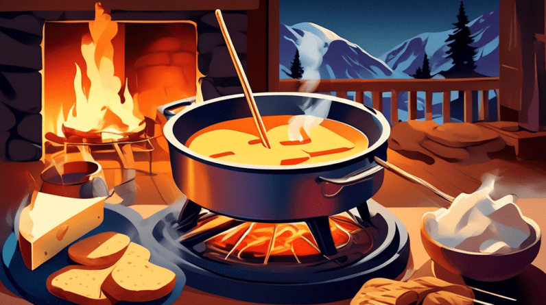 A fondue set with a pot of melted cheese on a lit burner, with skewers of bread dipping into it. Smoke rises from the burner, and the background is a cozy ski lodge.