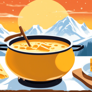 A pot of bubbling melted cheese fondue on a table with bread cubes and a backdrop of snow-capped mountains.