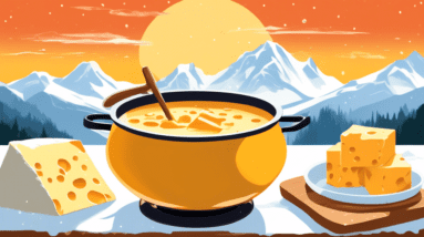 A pot of bubbling melted cheese fondue on a table with bread cubes and a backdrop of snow-capped mountains.