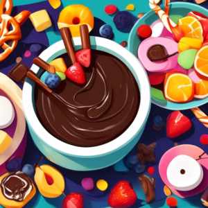 A pot of melting chocolate fondue surrounded by pieces of fruit, marshmallows, and pretzels.