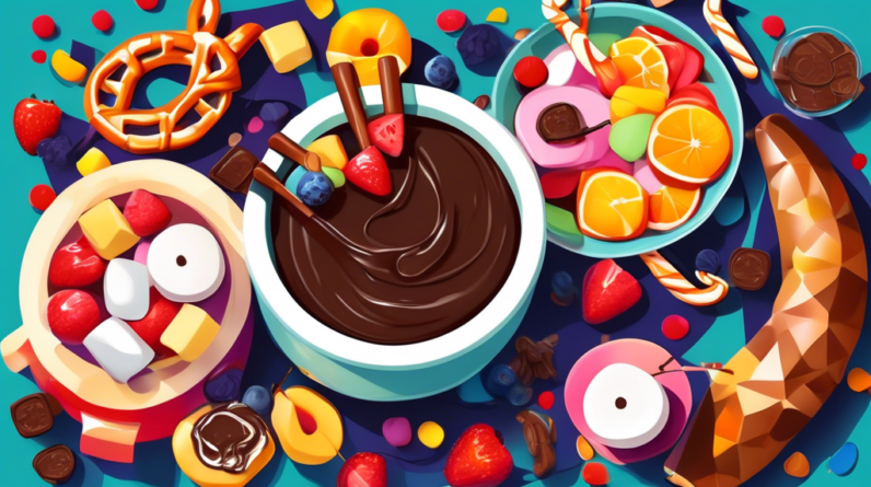 A pot of melting chocolate fondue surrounded by pieces of fruit, marshmallows, and pretzels.