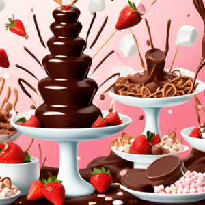 A chocolate fountain overflowing with melted milk chocolate, surrounded by strawberries, marshmallows, and pretzels on skewers.