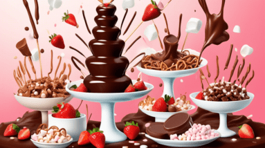 A chocolate fountain overflowing with melted milk chocolate, surrounded by strawberries, marshmallows, and pretzels on skewers.