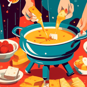 A group of friends sharing a fondue pot filled with melted cheese and dipping bread into it.