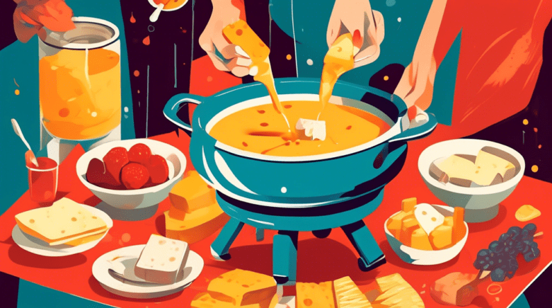 A group of friends sharing a fondue pot filled with melted cheese and dipping bread into it.