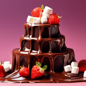 A cascading tower of melted chocolate flowing down tiers, with strawberries and marshmallows dipping into it.