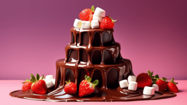 A cascading tower of melted chocolate flowing down tiers, with strawberries and marshmallows dipping into it.