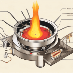 A cross section illustration of a fondue burner in operation, with labeled parts showing the flow of fuel and heat.