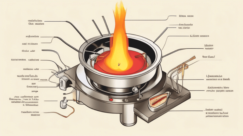 A cross section illustration of a fondue burner in operation, with labeled parts showing the flow of fuel and heat.