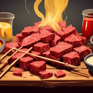 A rustic wooden table set for a fondue party, with skewers of raw beef cubes ready to be dipped in a steaming pot of cheese fondue.