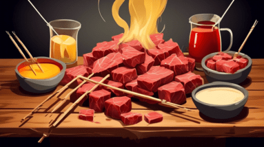 A rustic wooden table set for a fondue party, with skewers of raw beef cubes ready to be dipped in a steaming pot of cheese fondue.