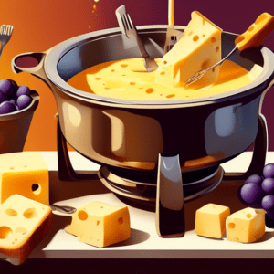 A pot of melted cheese fondue surrounded by forks with bread cubes and grapes, steaming and inviting.