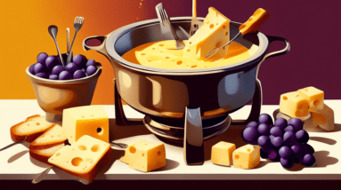 A pot of melted cheese fondue surrounded by forks with bread cubes and grapes, steaming and inviting.