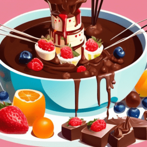 A pot of melted milk chocolate fondue surrounded by pieces of fruit and cake on skewers.