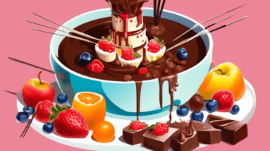 A pot of melted milk chocolate fondue surrounded by pieces of fruit and cake on skewers.